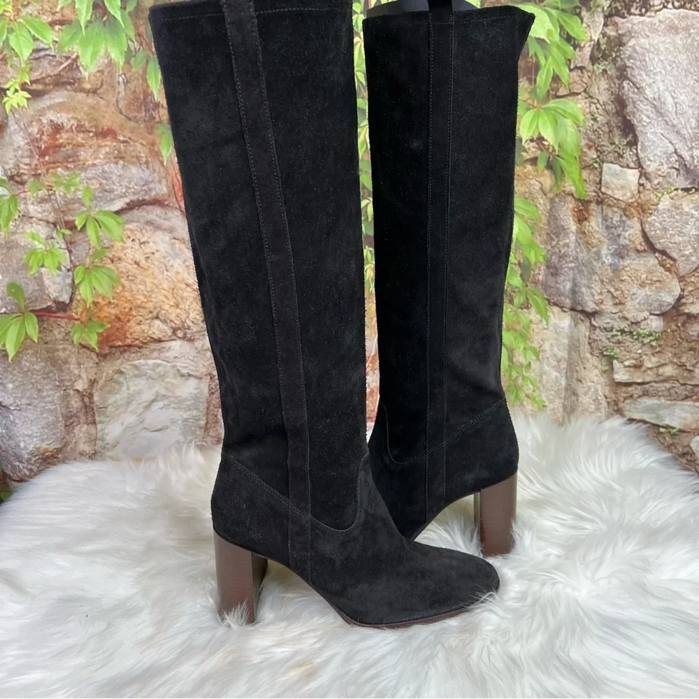 SAN MARINA Black Suede Quiet Luxury Block Heel Over the Knee Women's Boots, 38